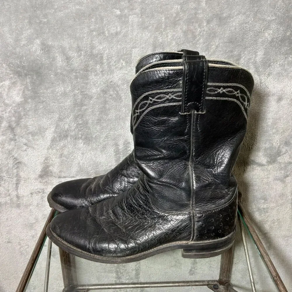 VTG Justin Ostrich Black Roper 3172 Style Cowboy Boots Mens Size 7 E USA